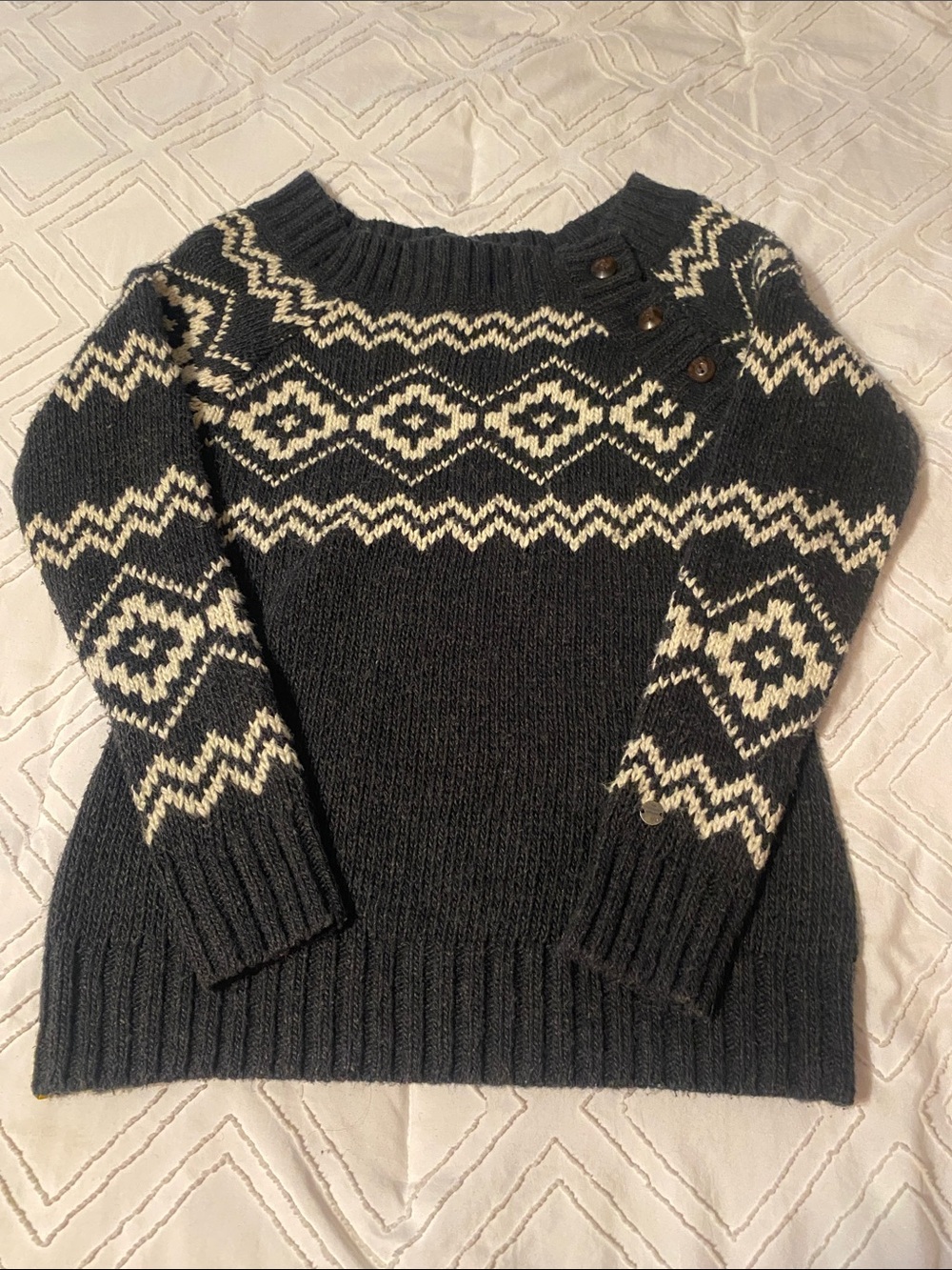 Lole Charcoal Sweater with Ivory Fair Isle Pattern